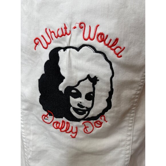 White Denim Vest "What Would Dolly Do?" Embroidery On Back Sleeveless Size M - Picture 3 of 16